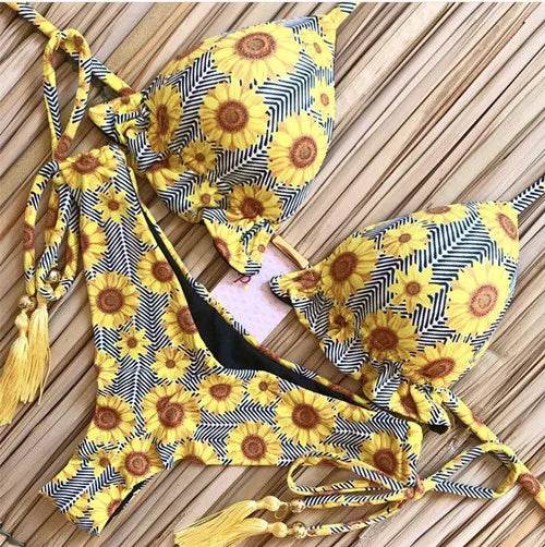 Sexy Floral Print Bikinis Striped Patchwork Swimsuit - Women's Bandage Bikini Set Swimwear Brazilian Beachwear - Stylemein