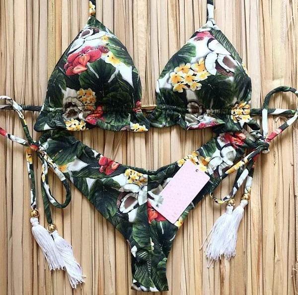 Sexy Floral Print Bikinis Striped Patchwork Swimsuit - Women's Bandage Bikini Set Swimwear Brazilian Beachwear - Stylemein