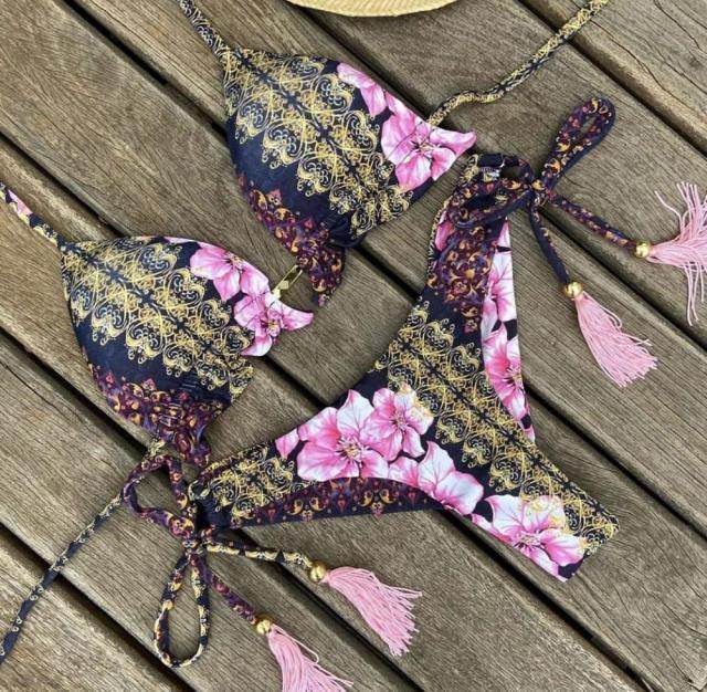 Sexy Floral Print Bikinis Striped Patchwork Swimsuit - Women's Bandage Bikini Set Swimwear Brazilian Beachwear - Stylemein