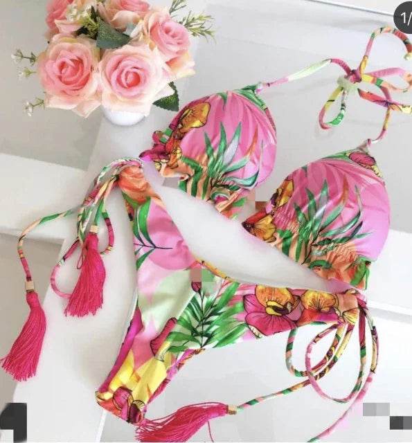 Sexy Floral Print Bikinis Striped Patchwork Swimsuit - Women's Bandage Bikini Set Swimwear Brazilian Beachwear - Stylemein