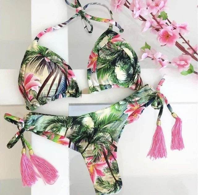 Sexy Floral Print Bikinis Striped Patchwork Swimsuit - Women's Bandage Bikini Set Swimwear Brazilian Beachwear - Stylemein