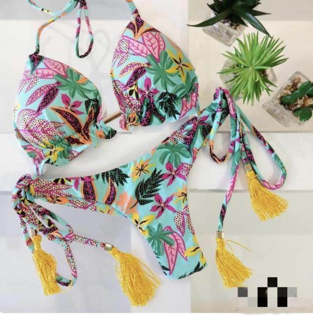 Sexy Floral Print Bikinis Striped Patchwork Swimsuit - Women's Bandage Bikini Set Swimwear Brazilian Beachwear - Stylemein