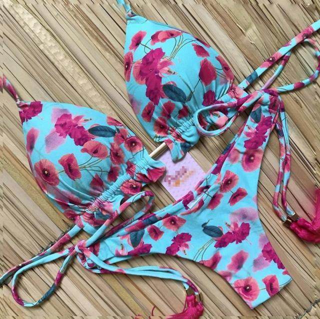 Sexy Floral Print Bikinis Striped Patchwork Swimsuit - Women's Bandage Bikini Set Swimwear Brazilian Beachwear - Stylemein