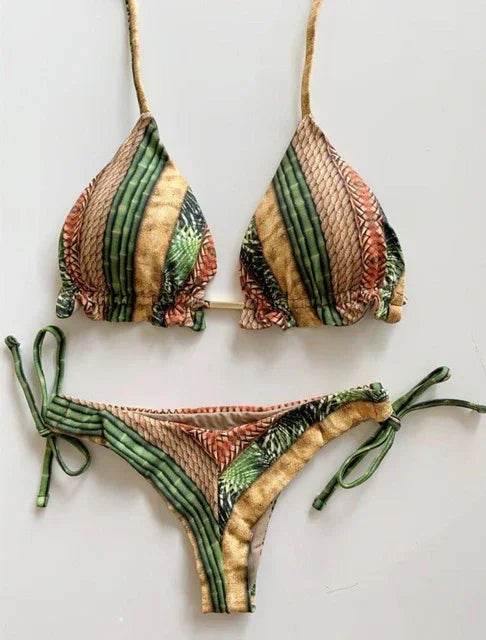 Sexy Floral Print Bikinis Striped Patchwork Swimsuit - Women's Bandage Bikini Set Swimwear Brazilian Beachwear - Stylemein