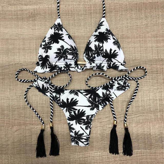 Sexy Floral Print Bikinis Striped Patchwork Swimsuit - Women's Bandage Bikini Set Swimwear Brazilian Beachwear - Stylemein