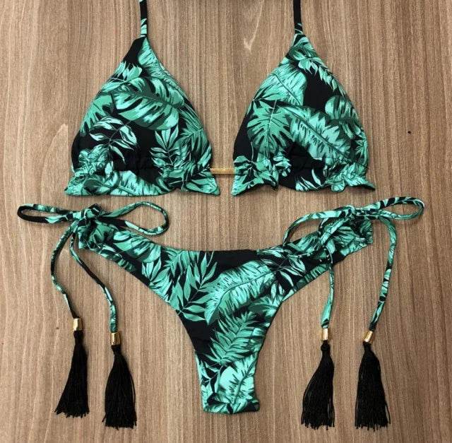 Sexy Floral Print Bikinis Striped Patchwork Swimsuit - Women's Bandage Bikini Set Swimwear Brazilian Beachwear - Stylemein