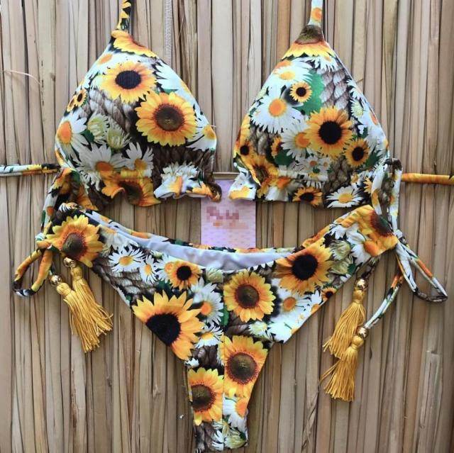 Sexy Floral Print Bikinis Striped Patchwork Swimsuit - Women's Bandage Bikini Set Swimwear Brazilian Beachwear - Stylemein