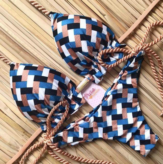 Sexy Floral Print Bikinis Striped Patchwork Swimsuit - Women's Bandage Bikini Set Swimwear Brazilian Beachwear - Stylemein