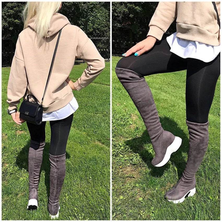 Stretch Fabrics Over The Knee Boots | Height Increasing Round Toe Women Shoes | Autumn Winter Casual Long Boots | Durable Premium Quality - Stylemein