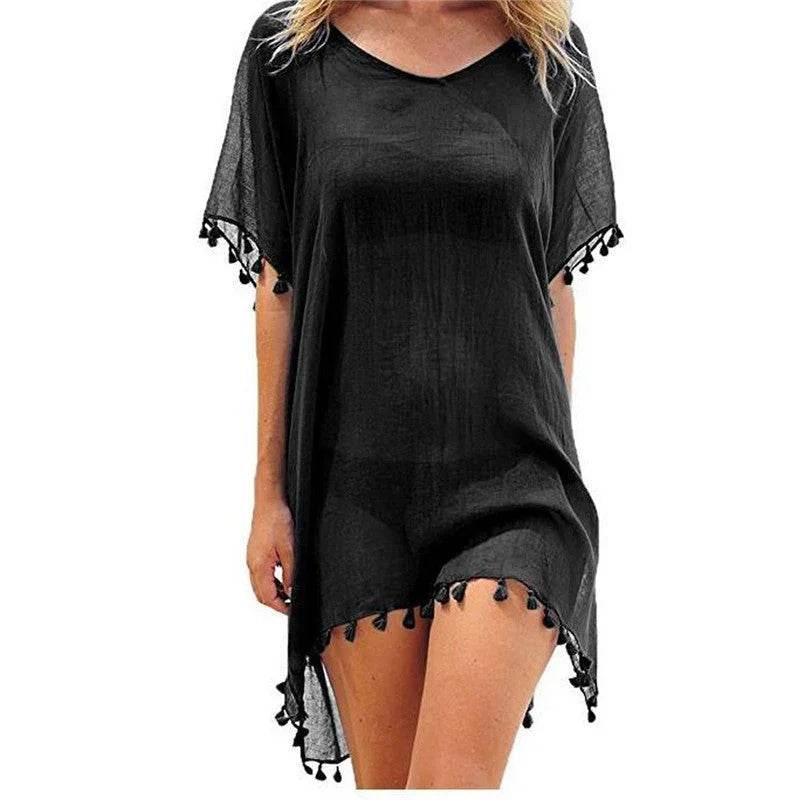 Chiffon Tassels Beach Wear Women Swimsuit Cover Up Summer Mini Dress Loose Solid Pareo Cover Ups - Stylemein