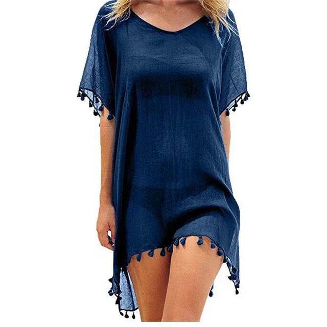 Chiffon Tassels Beach Wear Women Swimsuit Cover Up Summer Mini Dress Loose Solid Pareo Cover Ups - Stylemein