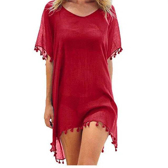 Chiffon Tassels Beach Wear Women Swimsuit Cover Up Summer Mini Dress Loose Solid Pareo Cover Ups - Stylemein