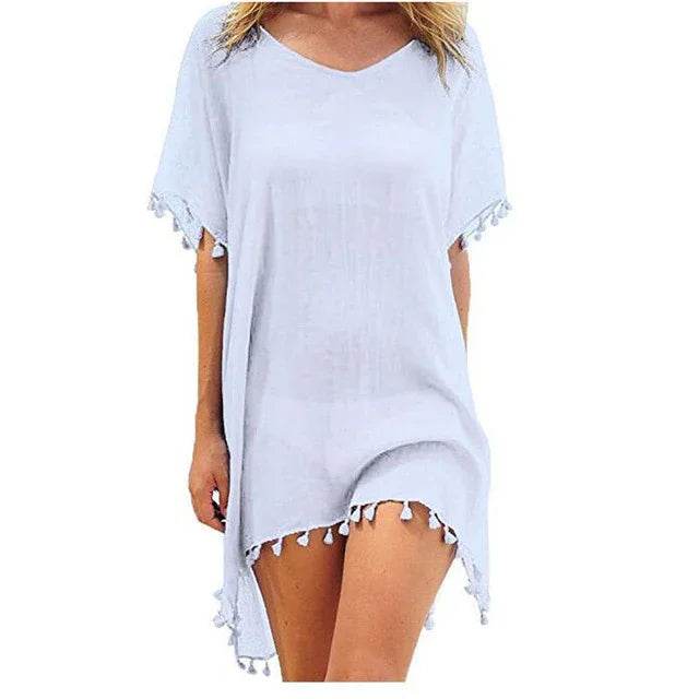 Chiffon Tassels Beach Wear Women Swimsuit Cover Up Summer Mini Dress Loose Solid Pareo Cover Ups - Stylemein