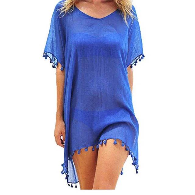 Chiffon Tassels Beach Wear Women Swimsuit Cover Up Summer Mini Dress Loose Solid Pareo Cover Ups - Stylemein