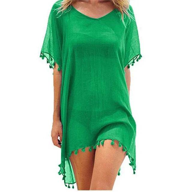 Chiffon Tassels Beach Wear Women Swimsuit Cover Up Summer Mini Dress Loose Solid Pareo Cover Ups - Stylemein
