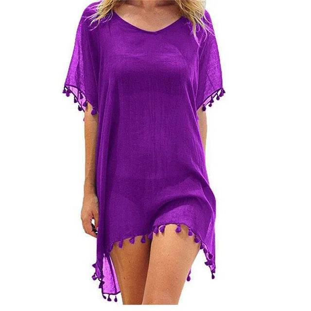 Chiffon Tassels Beach Wear Women Swimsuit Cover Up Summer Mini Dress Loose Solid Pareo Cover Ups - Stylemein