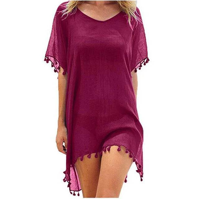 Chiffon Tassels Beach Wear Women Swimsuit Cover Up Summer Mini Dress Loose Solid Pareo Cover Ups - Stylemein