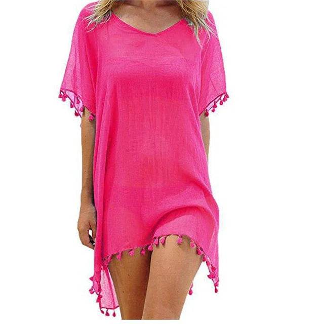 Chiffon Tassels Beach Wear Women Swimsuit Cover Up Summer Mini Dress Loose Solid Pareo Cover Ups - Stylemein