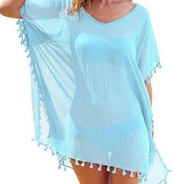 Chiffon Tassels Beach Wear Women Swimsuit Cover Up Summer Mini Dress Loose Solid Pareo Cover Ups - Stylemein