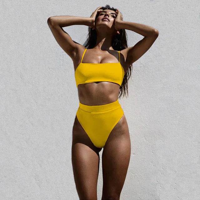 Sexy Bikinis Solid Push Up Bikini Hot Sale Padded Bra Straps High Waist Swimsuit Female Swimwear Women Biquini - Stylemein