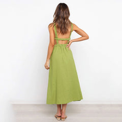 green low back maxi dress
