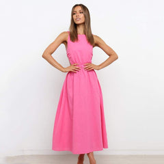 pink open back maxi dress