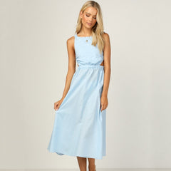 blue open back maxi dress