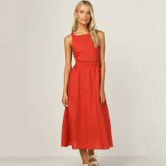 red open back maxi dress