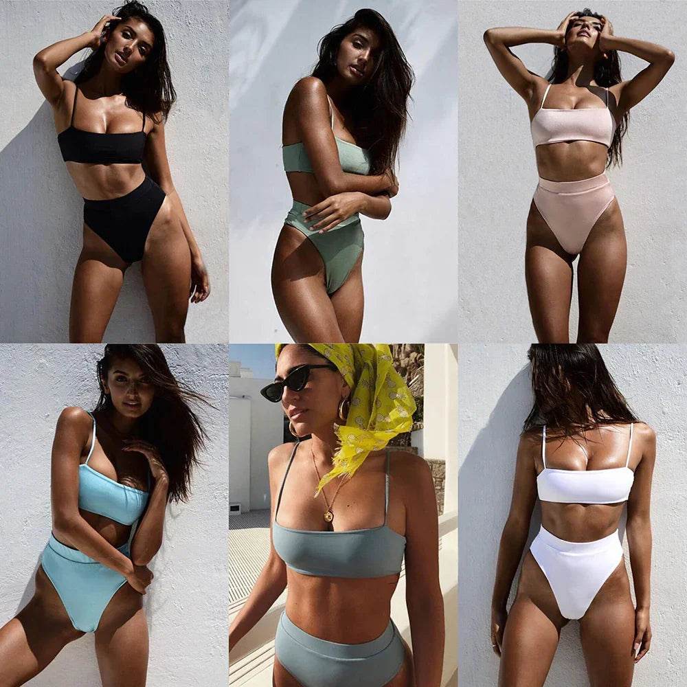 Sexy Bikinis Solid Push Up Bikini Hot Sale Padded Bra Straps High Waist Swimsuit Female Swimwear Women Biquini - Stylemein