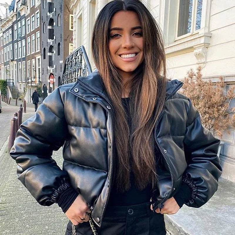 Stylish Women's Black PU Leather Winter Parka Coat - Thick, Warm, and Elegant with Zipper Closure - Stylemein