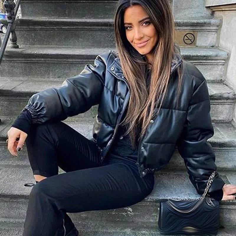 Stylish Women's Black PU Leather Winter Parka Coat - Thick, Warm, and Elegant with Zipper Closure - Stylemein