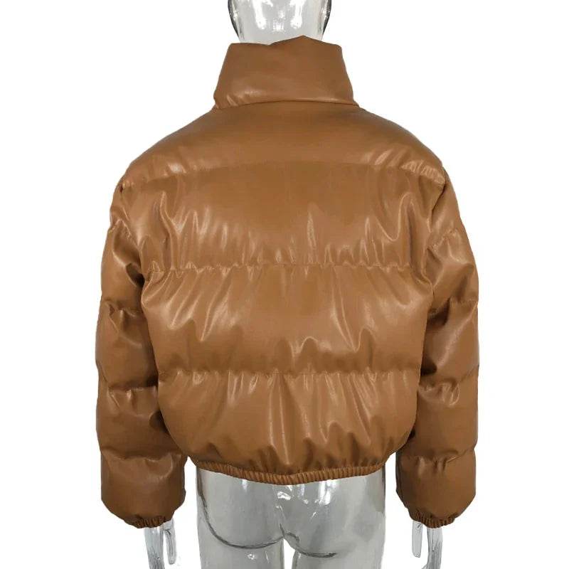 Stylish Women's Black PU Leather Winter Parka Coat - Thick, Warm, and Elegant with Zipper Closure - Stylemein