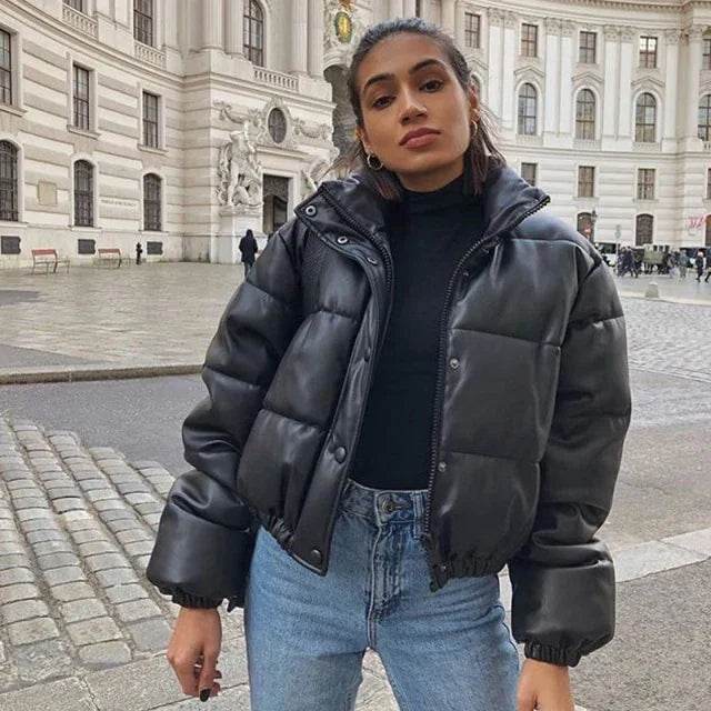 Stylish Women's Black PU Leather Winter Parka Coat - Thick, Warm, and Elegant with Zipper Closure - Stylemein