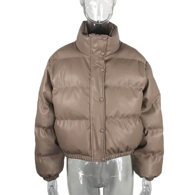 Stylish Women's Black PU Leather Winter Parka Coat - Thick, Warm, and Elegant with Zipper Closure - Stylemein