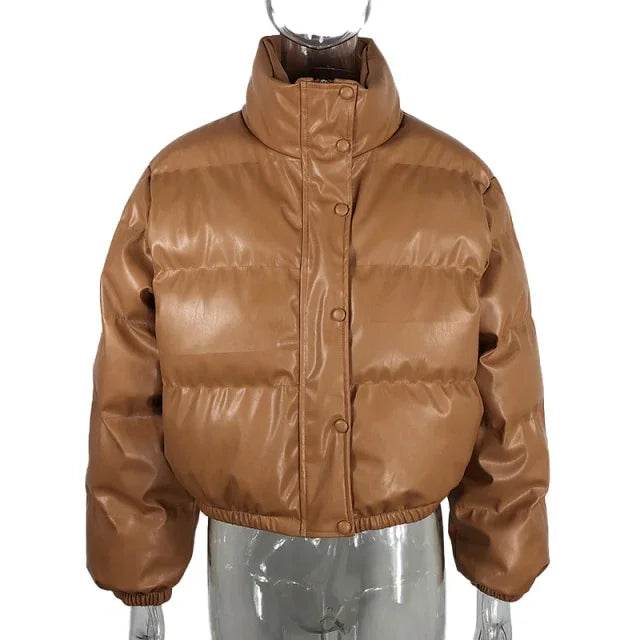 Stylish Women's Black PU Leather Winter Parka Coat - Thick, Warm, and Elegant with Zipper Closure - Stylemein
