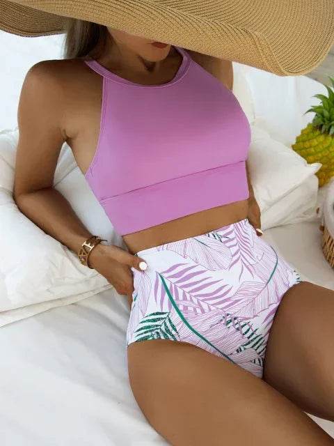 High Neck Printed Bikini for Women - High Waist Swimsuit with Padded Leaves Pattern for Beachwear and Bathing Suit - Stylemein