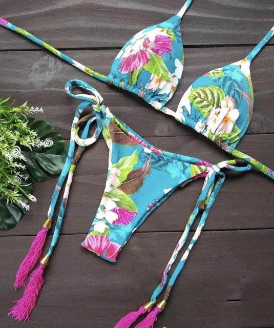 Sexy Floral Print Bikinis Striped Patchwork Swimsuit - Women's Bandage Bikini Set Swimwear Brazilian Beachwear - Stylemein