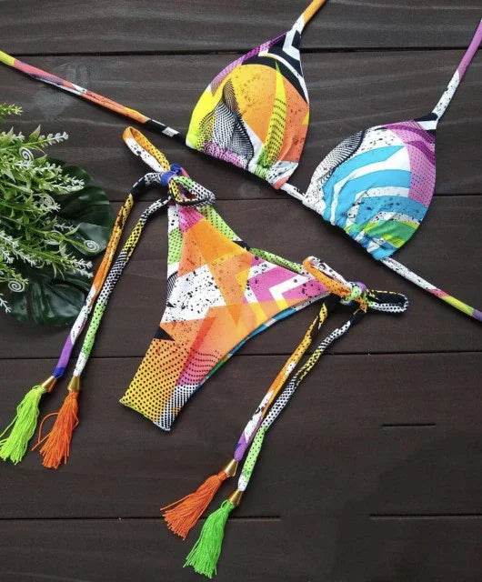 Sexy Floral Print Bikinis Striped Patchwork Swimsuit - Women's Bandage Bikini Set Swimwear Brazilian Beachwear - Stylemein