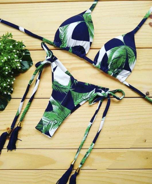 Sexy Floral Print Bikinis Striped Patchwork Swimsuit - Women's Bandage Bikini Set Swimwear Brazilian Beachwear - Stylemein