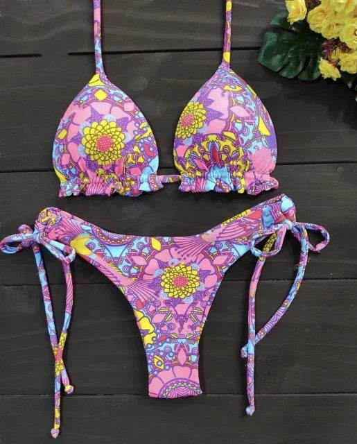 Sexy Floral Print Bikinis Striped Patchwork Swimsuit - Women's Bandage Bikini Set Swimwear Brazilian Beachwear - Stylemein