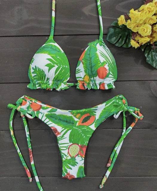 Sexy Floral Print Bikinis Striped Patchwork Swimsuit - Women's Bandage Bikini Set Swimwear Brazilian Beachwear - Stylemein