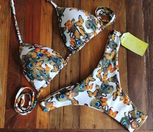 Sexy Floral Print Bikinis Striped Patchwork Swimsuit - Women's Bandage Bikini Set Swimwear Brazilian Beachwear - Stylemein