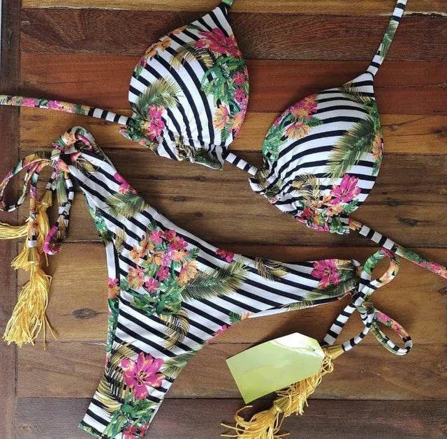 Sexy Floral Print Bikinis Striped Patchwork Swimsuit - Women's Bandage Bikini Set Swimwear Brazilian Beachwear - Stylemein
