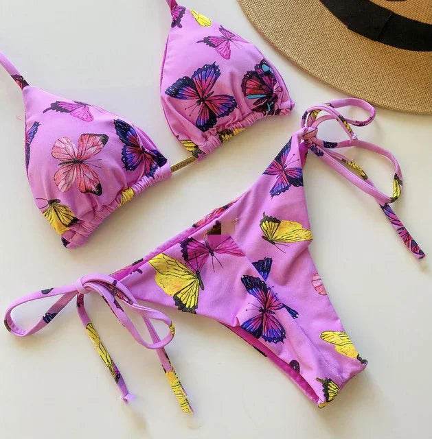 Sexy Floral Print Bikinis Striped Patchwork Swimsuit - Women's Bandage Bikini Set Swimwear Brazilian Beachwear - Stylemein