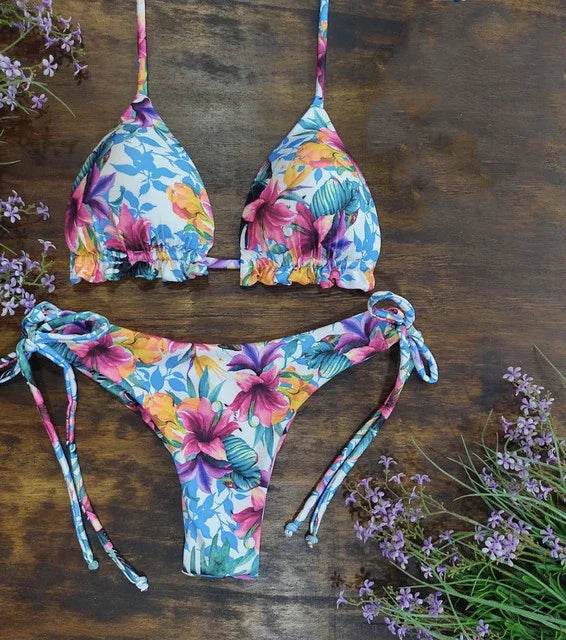 Sexy Floral Print Bikinis Striped Patchwork Swimsuit - Women's Bandage Bikini Set Swimwear Brazilian Beachwear - Stylemein