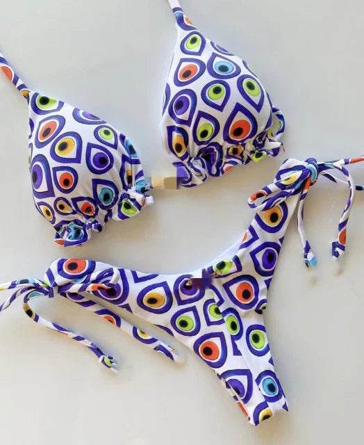 Sexy Floral Print Bikinis Striped Patchwork Swimsuit - Women's Bandage Bikini Set Swimwear Brazilian Beachwear - Stylemein