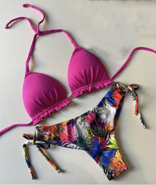 Sexy Floral Print Bikinis Striped Patchwork Swimsuit - Women's Bandage Bikini Set Swimwear Brazilian Beachwear - Stylemein