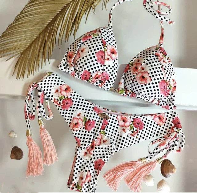 Sexy Floral Print Bikinis Striped Patchwork Swimsuit - Women's Bandage Bikini Set Swimwear Brazilian Beachwear - Stylemein