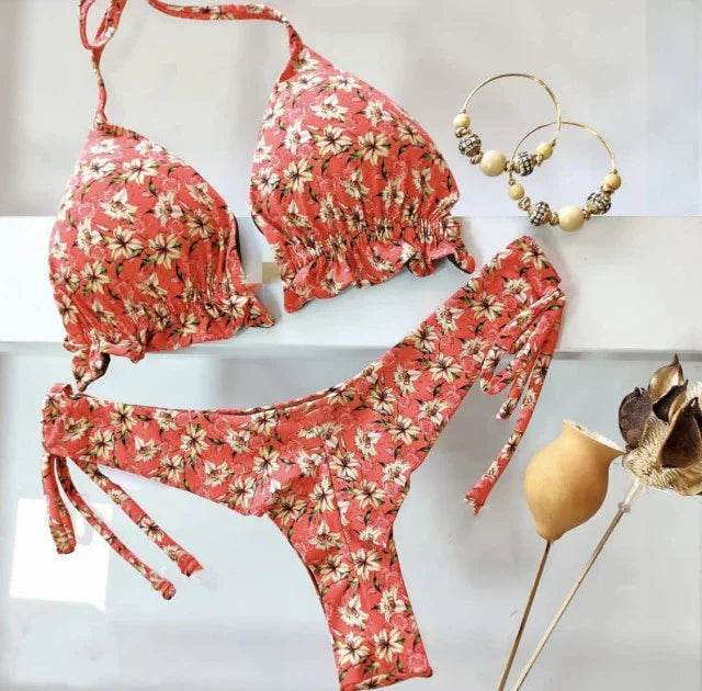 Sexy Floral Print Bikinis Striped Patchwork Swimsuit - Women's Bandage Bikini Set Swimwear Brazilian Beachwear - Stylemein