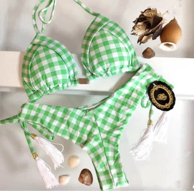Sexy Floral Print Bikinis Striped Patchwork Swimsuit - Women's Bandage Bikini Set Swimwear Brazilian Beachwear - Stylemein